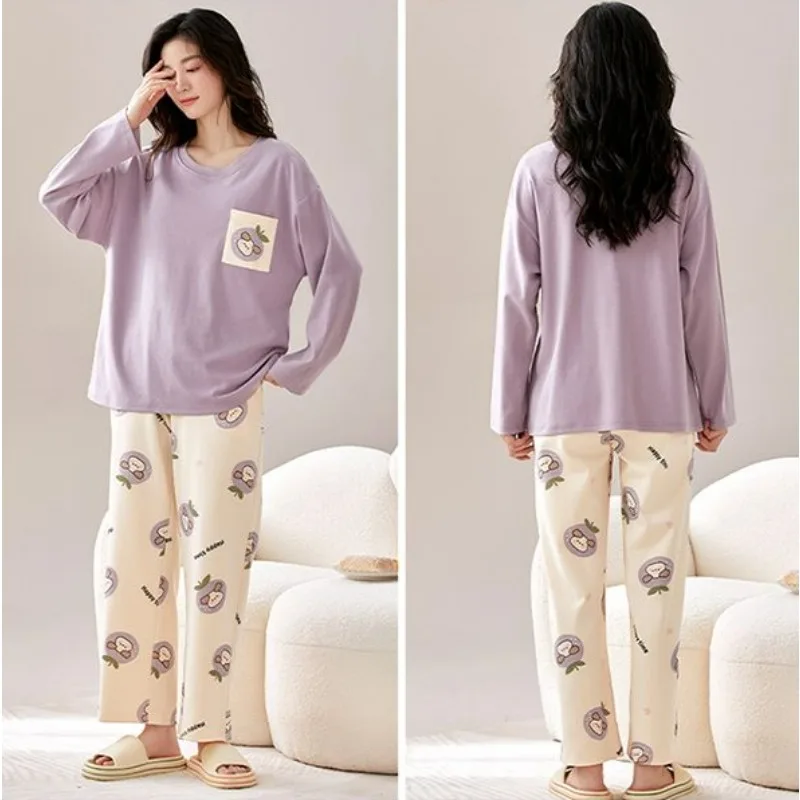 Round Neck Pajamas Set Student Spring Autumn Long Sleeve Sweet Cartoon Homewear Suit Large Size Casual Women's Sleepwear 2024