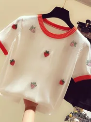 Strawberry Ice Silk Knitted T-Shirt Women's 2024 Summer New High Quality Thin Embroidered Casual Sweet Top