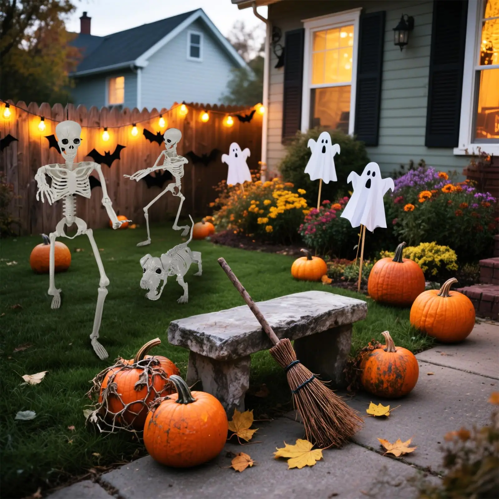Lighted Human & Dog Skeleton Halloween Decorations Outdoor/Indoor - 36 Inch Realistic Full Body Movable Posable Skeleton Spooky Halloween Decor for Garden Yard Porch Party Haunted Graveyard