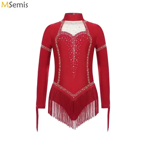 Vestido de baile latino con borlas para niñas, leotardo de Ballet con diamantes de imitación de manga larga, vestido tutú, trajes de baile de competición de patinaje artístico