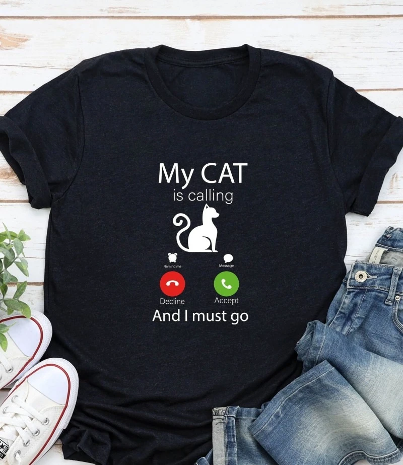 My Cat Is Calling T Shirt Women Fashion Top Funny Phone Screen Graphic Tee Cute Cat Lover Casual Streetwear Daily Wear
