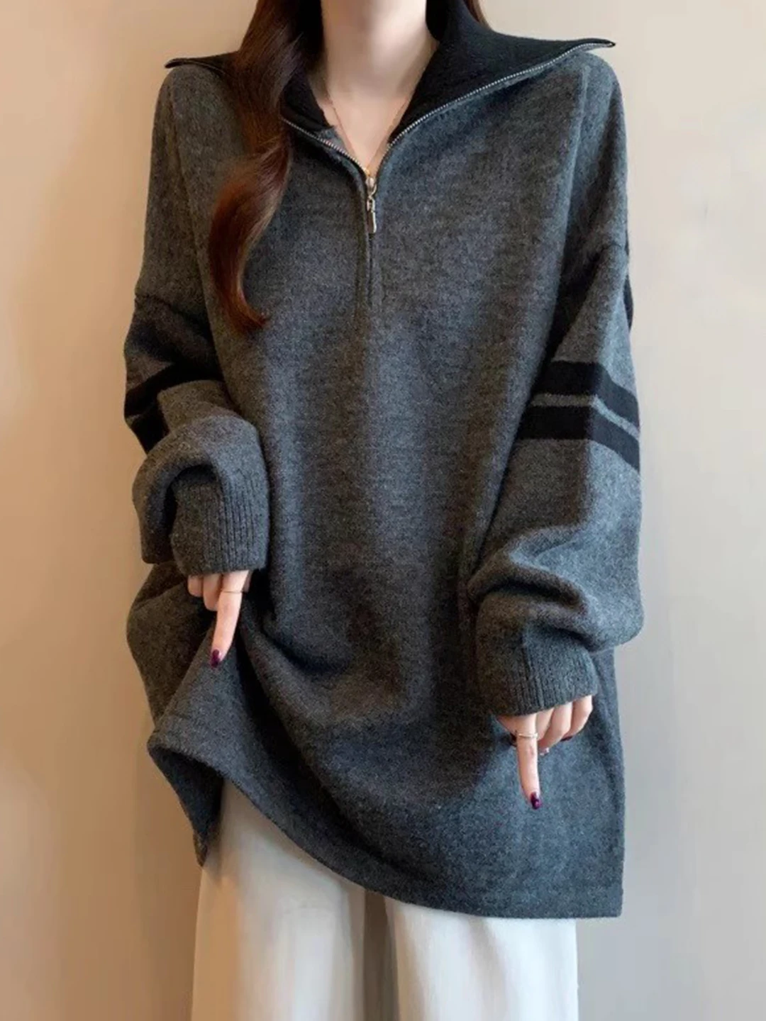 

Свитер свободного кроя с воротником-молнией f Длинный све с отложным воротником Осень Зима больших размеров Удобный ленивый крой средней длины...