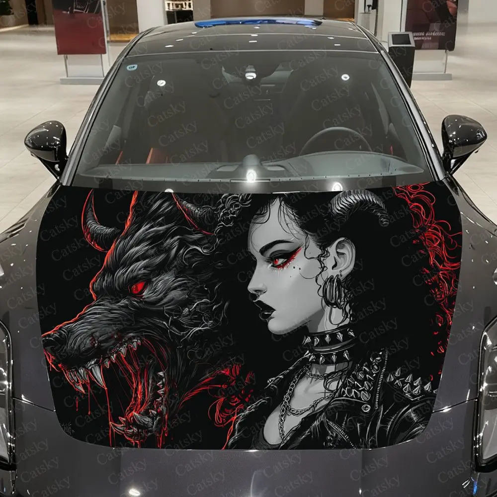

Виниловая наклейка на автомобиль «Красный демонический волк и ведьма в шиповатой броне», водонепроницаемая ПВХ-наклейка на капот автомобиля, самоклеящаяся, устойчивая к царапинам наклейка
