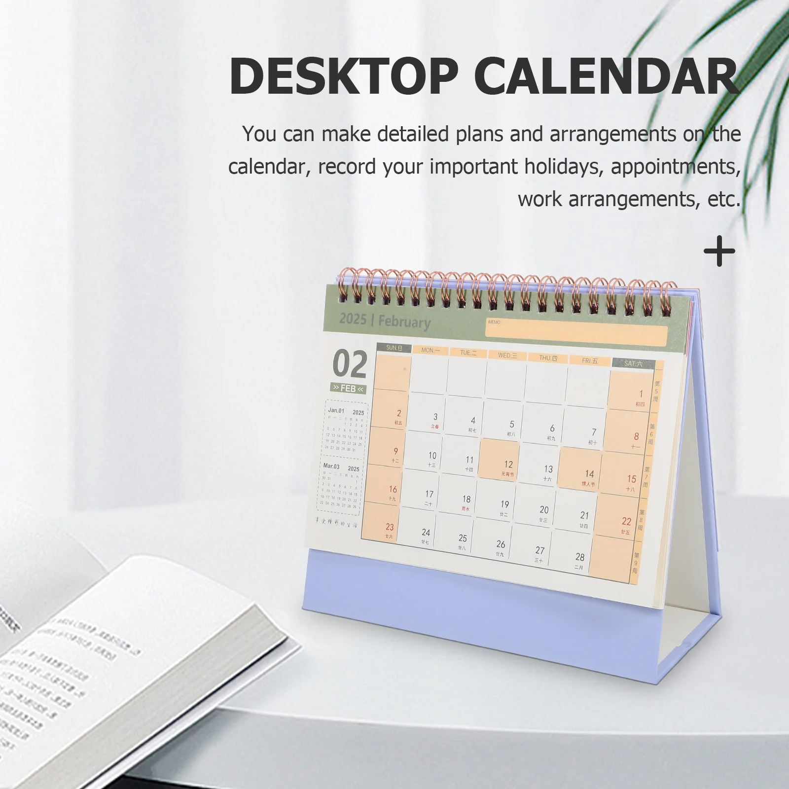 Calendario de bloque de reloj digital para escritorio 2025, delicado mes de oficina, aula, papel de lavanda con tapa de pie