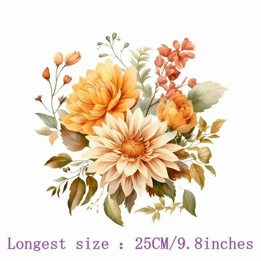 25cm Autumn Bouquet Flowe Iron-on Transfers For Clothing Fusible Patch Heat Transfer Sticker For T Shirt Thermoadhesive Patches