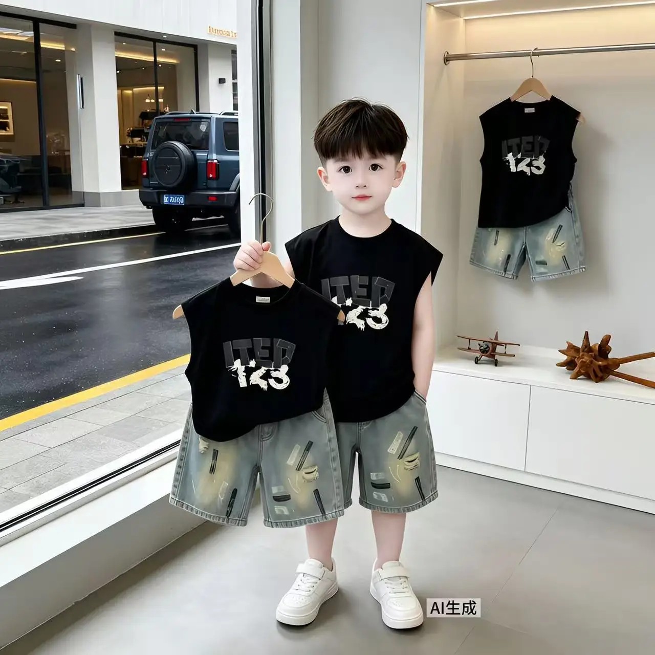 Trendy Boys Summer Set 2026 New Handsome Children's Street Explosion Fashion Sleeveless Shirt Top Jeans Short 2pcs Sport Outfits