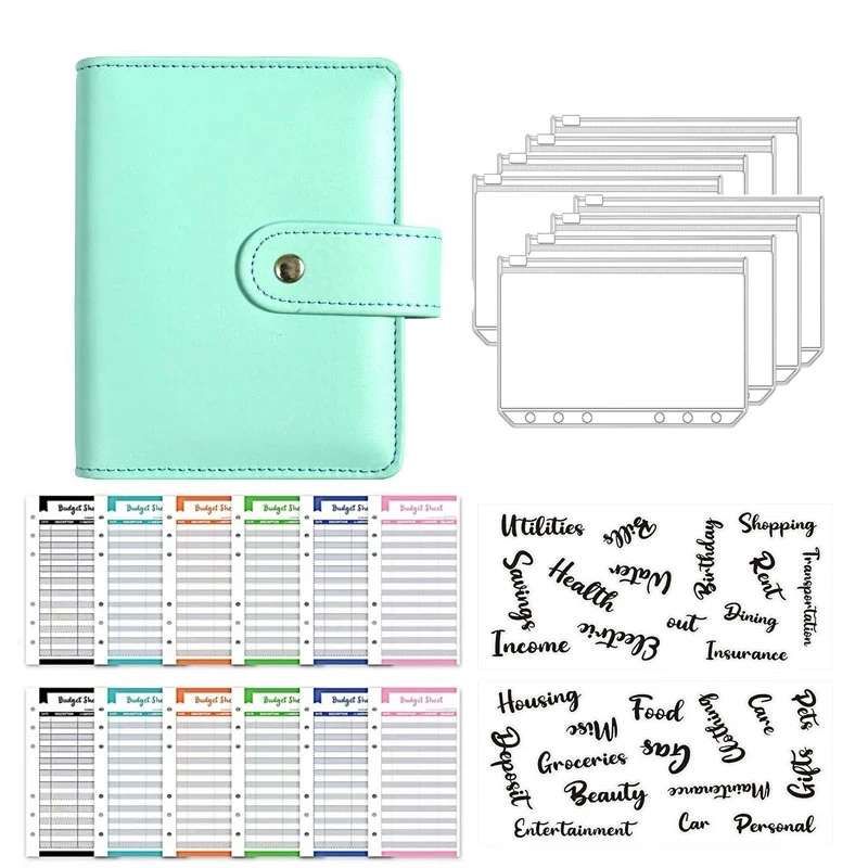 A7 PU Leather Notebook Binder Budget Plan Organizer Binder Cover 6 Binder Pockets And 12 Pcs Expense Budget Sheets Sticker