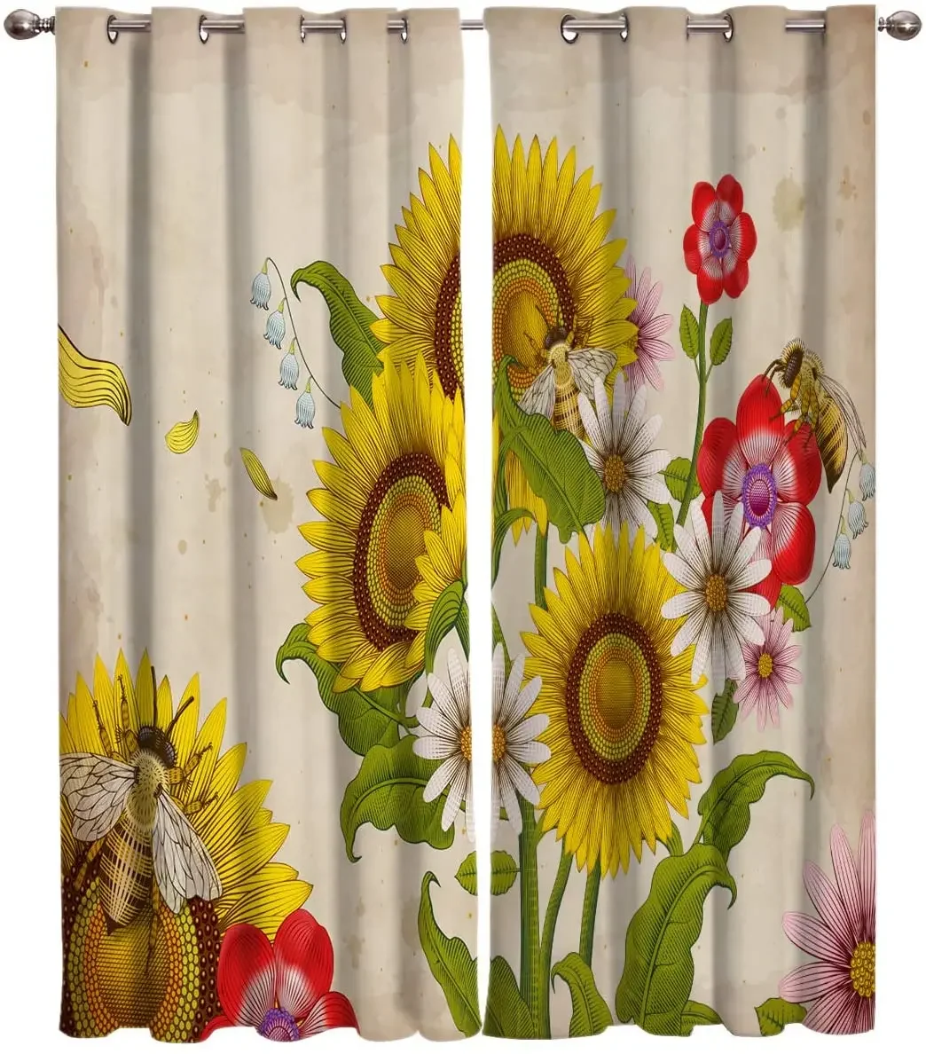 Living Room Decoration Blackout Curtains Retro Bee Collecting Nectar Sunflower Double Bedroom Luxury Curtains for Living Room