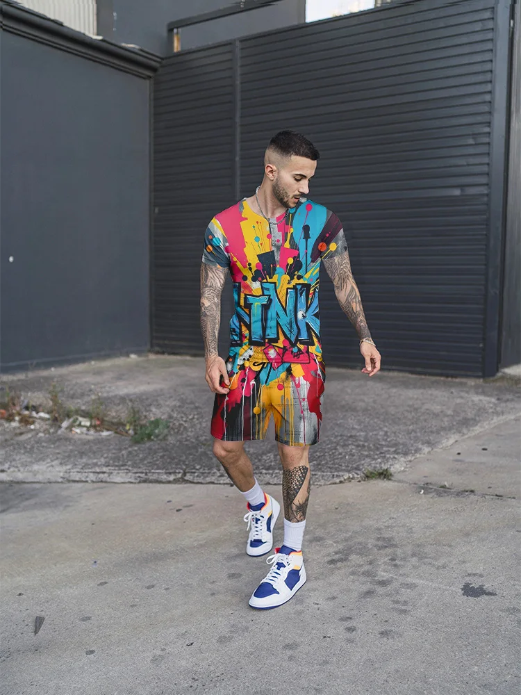 Summer New Men's Casual Fashion Street Graffiti Painting Printed Short Sleeve T-shirt And Shorts Set Fashionable Men's Clothes