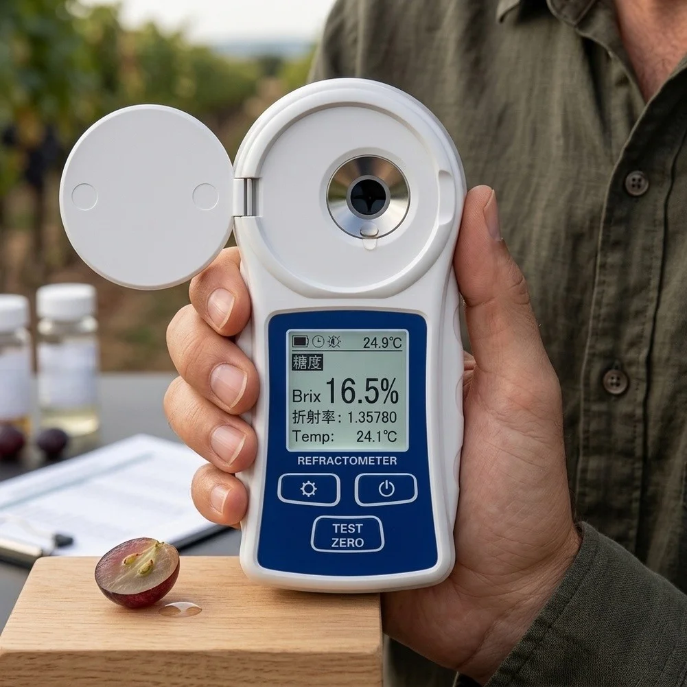 Accurate Sugar Testing Tool with Simultaneous for triple Parameter Readout Temperature Refractive Index 0-55% Range