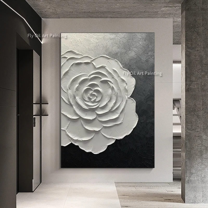 

Handade Black And White Canvas Wall Art White Flowers Thick Oil Painting Abstract Home Decor For Living Room Bedroom As Gifts