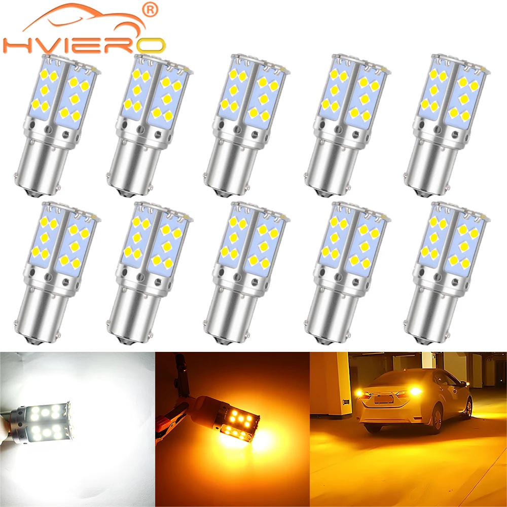 10PCS Car Turn Signal Light Amber White LED Bulbs Canbus Free Leds Auto Lamping License Plate Lights 1156 BA15S BAU15S T20 35SMD