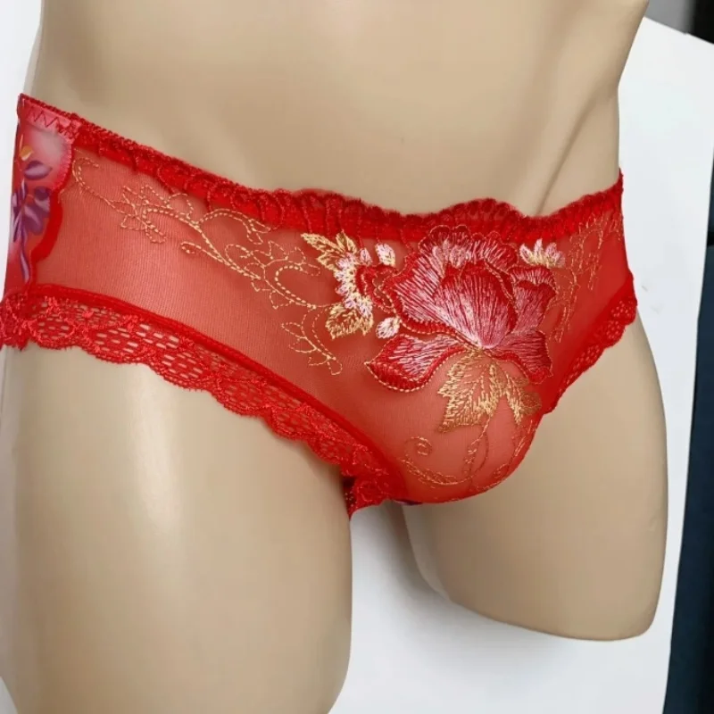 

Man's Sexy Pink Flower Panties Sissy Lace Embroidery Sheer Mesh Briefs Couple BF Erotic Underpants FKK Costumes Panty
