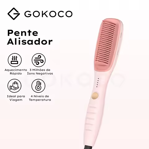 Escova Alisadora Portátil GOKOCO com 3 Milhões de Íons Negativos, Aquecimento Eficiente PTC, Controle de Frizz Iônico, 4 Níveis Ajustáveis