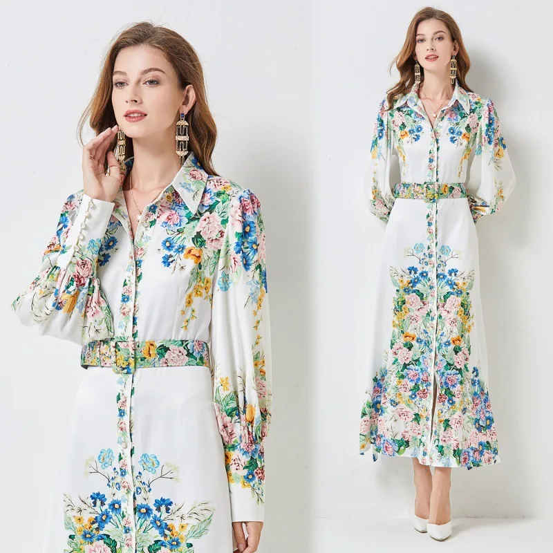 

Printed long-sleeved dress for women's early autumn new women's clothing with belt long dress for women