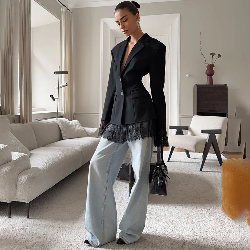 معاطف Linad كلاسيكية من الدانتيل باللون الأسود النحيف للنساء سترات أنيقة بياقة مدببة ملابس خارجية أنيقة للشارع بأكمام طويلة للسيدات لخريف 2025