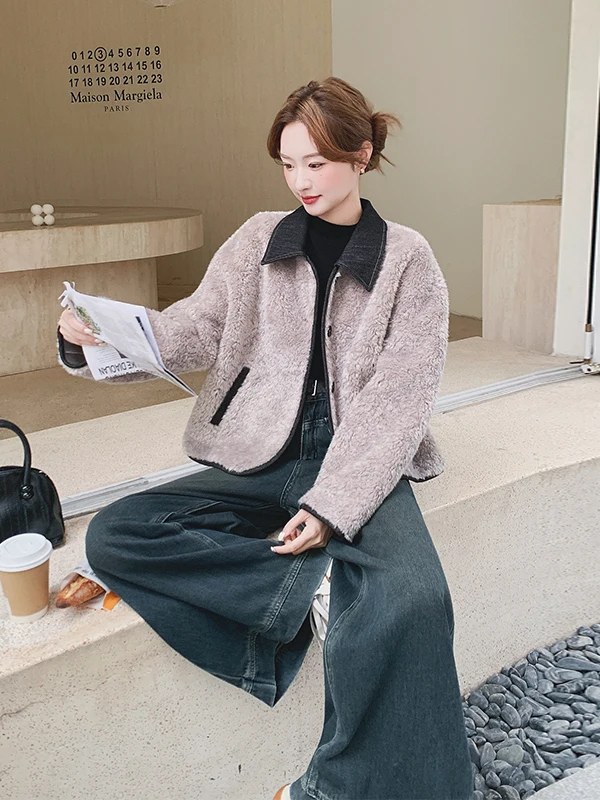 Ladies Thiened Lamb Fur Jaet ort Sle Autumn Winter New Korean Sle Inteated Leather And Fur Warm Casual Loose Fit