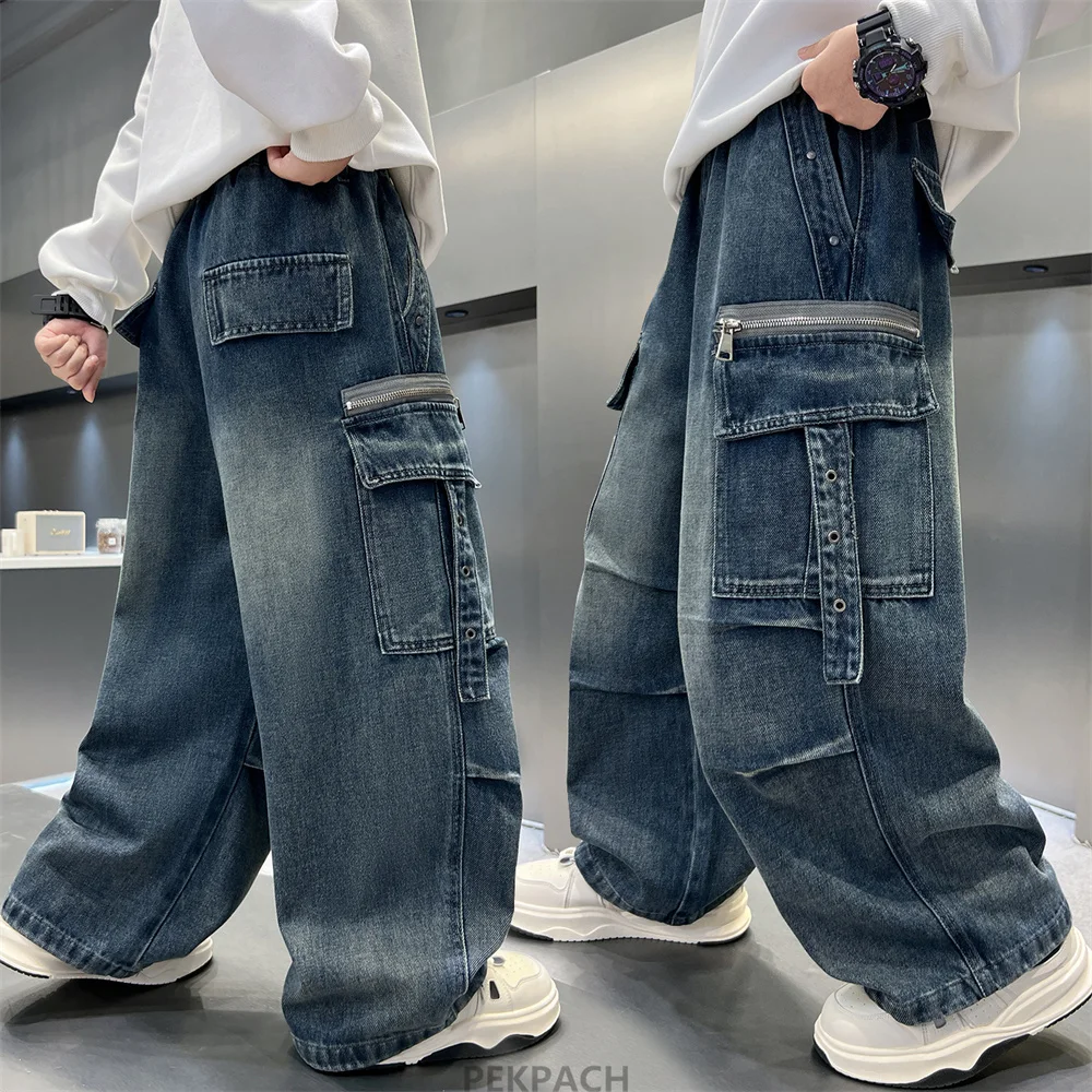 

Korean Kids Streetwear Heavy Cargo Jeans Y2K Clothing Boy Hip Hop Retro Pockets Baggy Denim Pants Children Casual Jeans Trousers