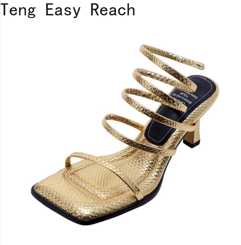 New Serpentine Winding Crystal Square Peep Toe Gladiator Fairy Sandals Women Slip-on High Heels Summer Slingback Shoes Lady