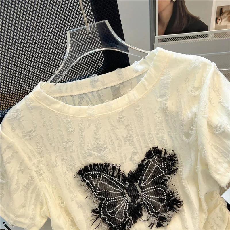 Women's Vintage Butterfly Short Sleeve Summer 2025 New Fold Slim Short Style Top Fashion Chic Streetwear Casual Hole T-shirt