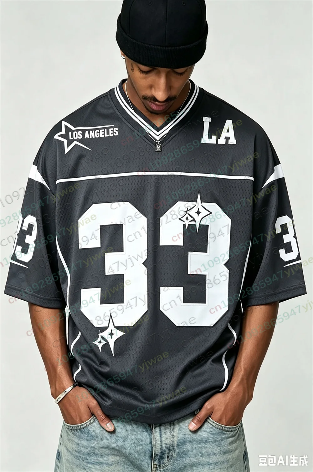Amerikanisches Los Angeles City Street T-Shirt Nr. 33, bedrucktes Fußballtrikot, atmungsaktives Mesh, kurzärmeliges Oversize-T-Shirt, Sommer-Herren-T-Shirt – Detail 6
