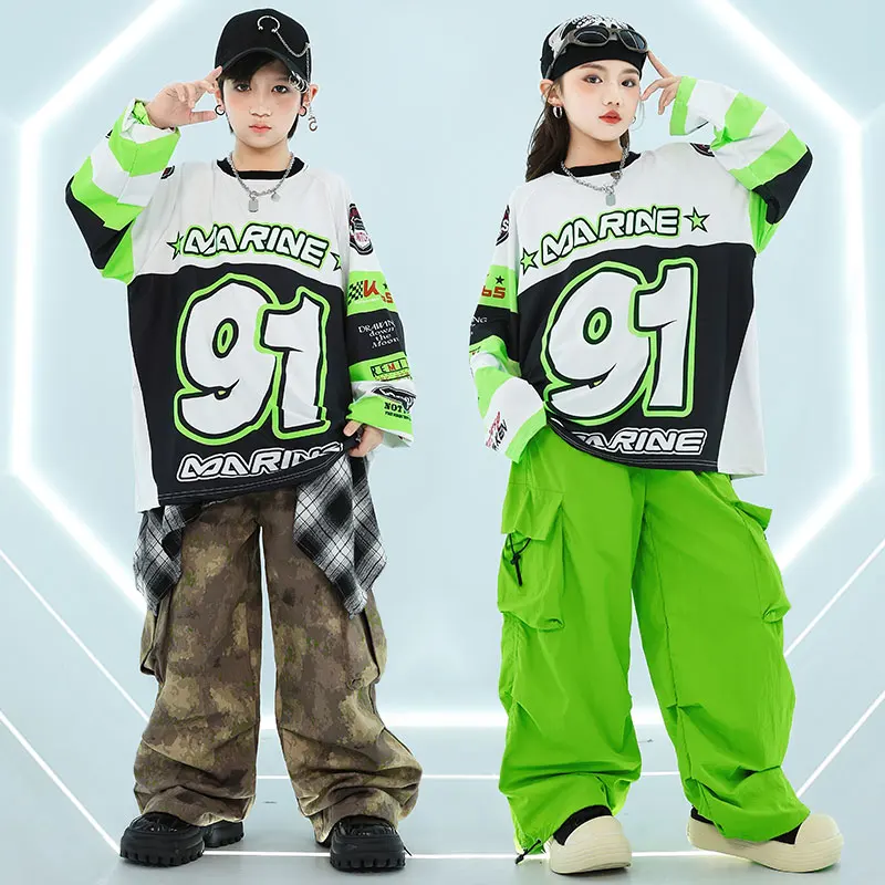 Novas meninas legal k-pop moletom verde calças de carga outfit meninos hip hop rua dança conjuntos roupas grupo jazz streetwear trajes