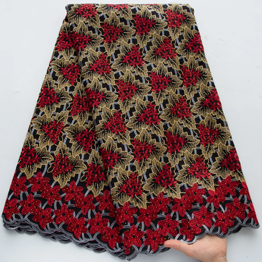 2026 Premium Swiss Voile Cotton Lace Black Base Red Golden Floral Embroidery Nigerian Dry Fabric Elegant Party Garment Material
