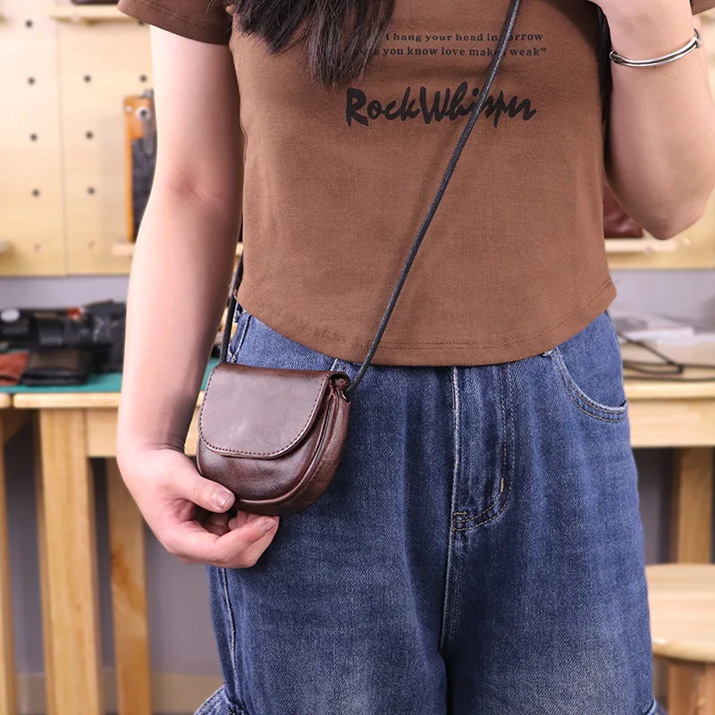 Vintage Vegetable-Tanned Leather Card Holder Coin Purse Genuine Cowhide Crossbody Bag Women's Cute Daily Essentials