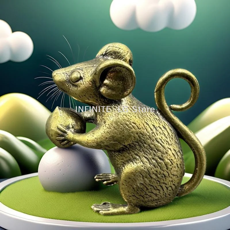 Copper Cute Mouse Peach Miniatures Figurines Tea Pet Table Ornament Crafts Brass Animal Rat Statue Home Decorations Accessories