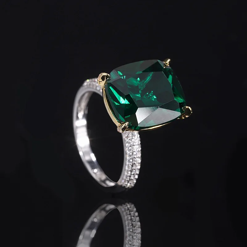 New S925 Silver Color Treasure Emerald Red Treasure Rectangular Ring Main Stone 12 * 14 Jewelry Wholesale