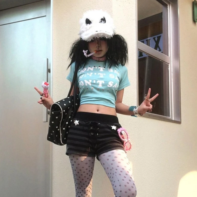 Karrram Japanese Y2k Letter Print T-shirt Vintage Harajuku Blue Crop Top Trashy 2000s Style Short Sleeve Tee Shirt American 90s