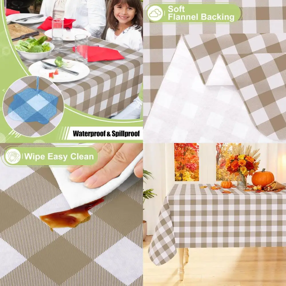 

Khaki & White Waterproof Vinyl Tablecloth with Flannel Backing, 60x120 for Dining and Outdoor Use