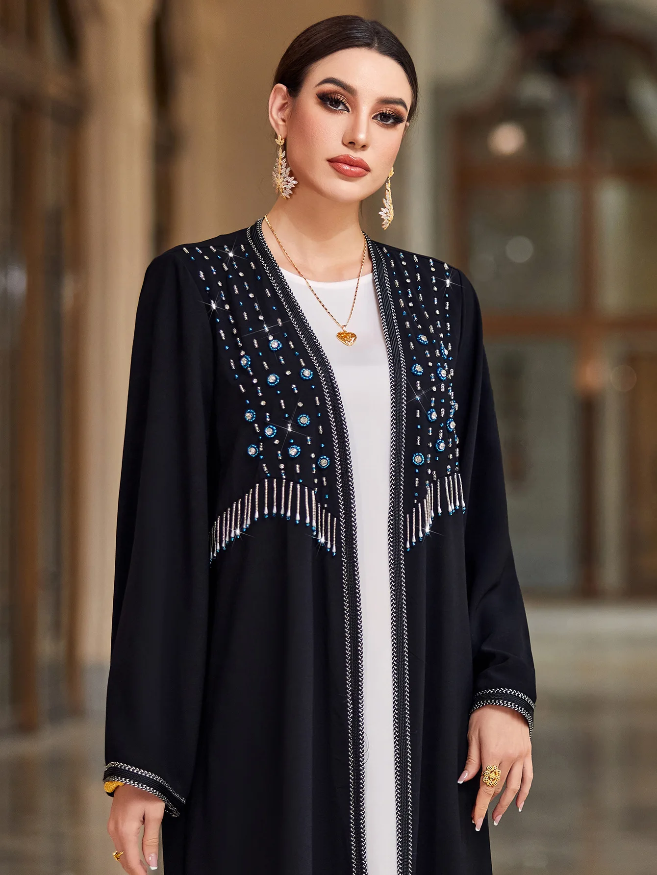 

Dubai Women Rhinestone Open Abaya Long Sleeve Maxi Kimono Cardigan Dress Modest Islamic Outer Robe Ramadan Eid Formal Clothing