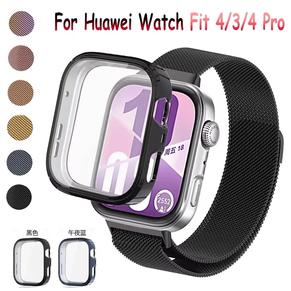 Milanese-Armband + Hülle für Huawei Watch Fit 3/4/4 Pro Sport, bequemes Armband für Huawei Watch Fit 4/3 Displayschutzfolie Bumper