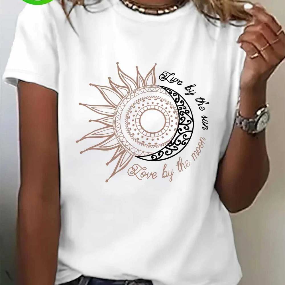 Dames casual T-shirt met korte mouwen en inspirerende zon en maan print ronde hals mode top dames T-shirts