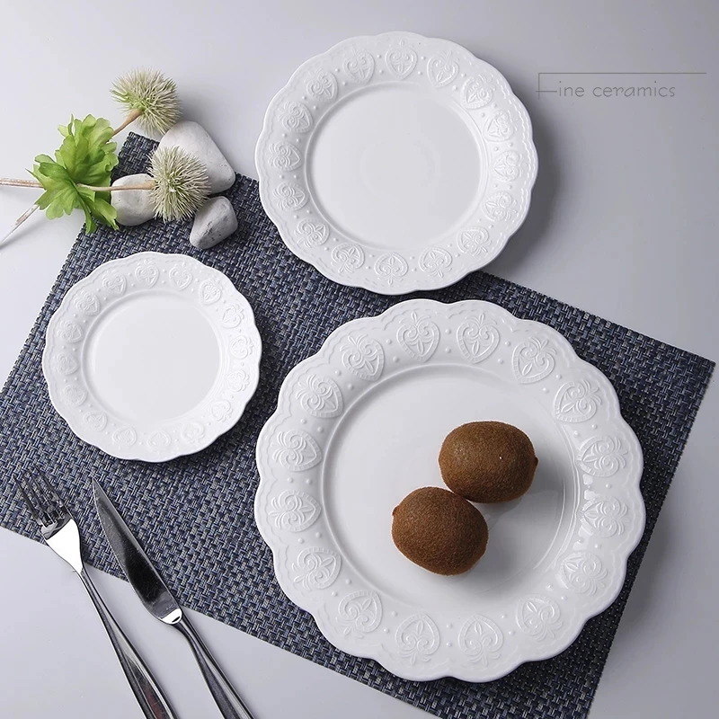3pcs Set, 6+8+10inch, White Embossed Porcelain Kitchen Plates, Crown Design, Ceramic Plate Nordic, Serving Dinner Set