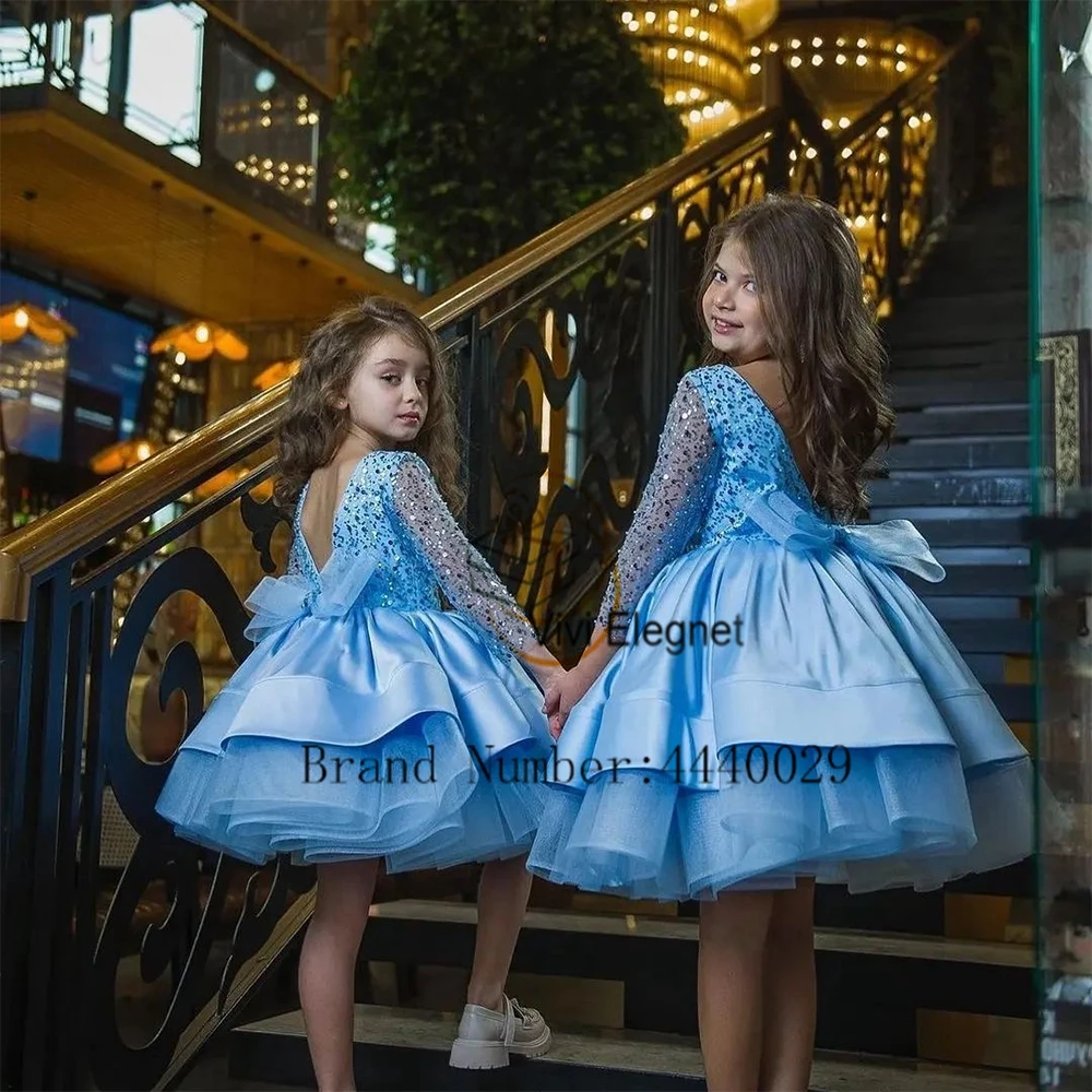 Modern Scoop Flower Girls Dresses for Kids 2024 Tiered Full Sleeve Christmas Gowns with Sequined Summer فلور فتاة اللباس Zipper