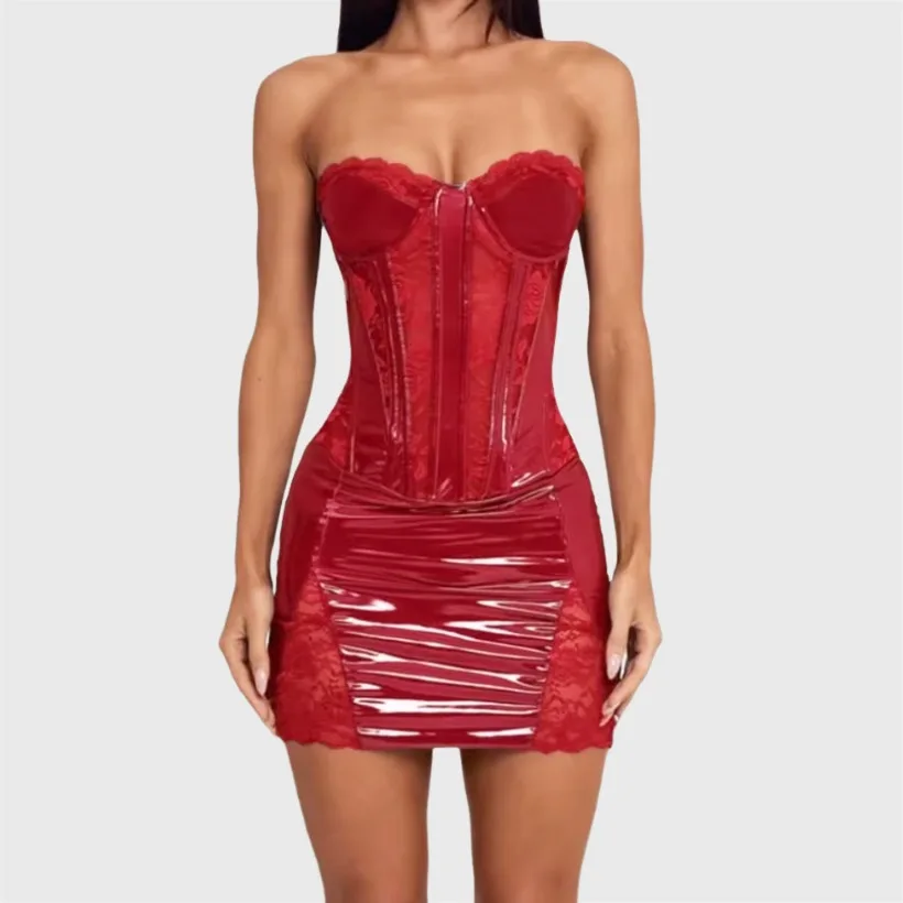 Ellolace Tempted Lingeries, Vestido Mini de Cuero y Malla con Detalles de Patchwork, Sin Tirantes, con Tanga, 2 Piezas, Ropa de Fiesta Fantástica, Conjuntos Elegantes para Chicas