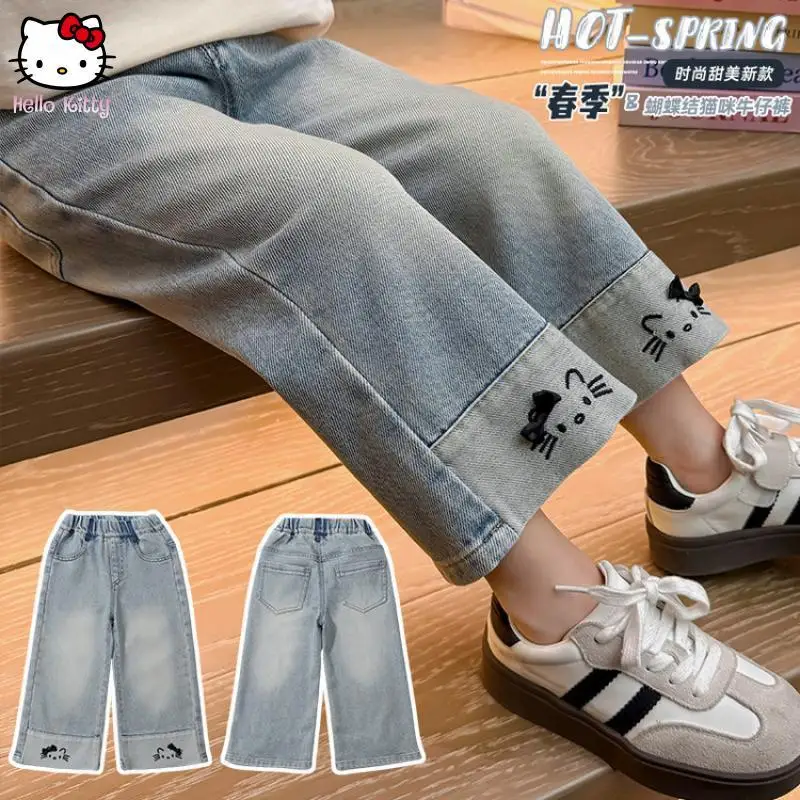 

Kawaii Hello Kitty Girls Jeans Pants Children Autumn New Anime Cartoon Fashion Wide-Leg Pants Casual Embroidery Comfort