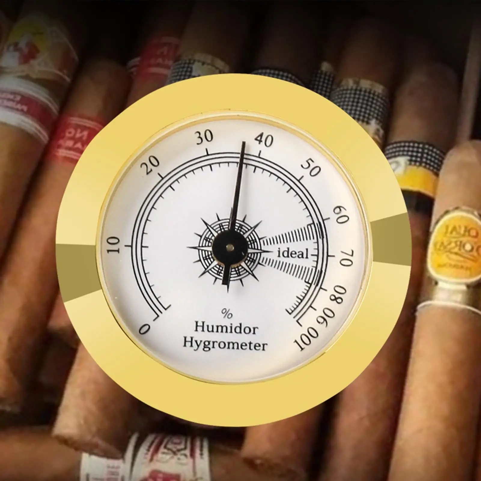 Analoges Hygrometer mit goldenem Rahmen, hochpräzises Luftfeuchtigkeitsmessgerät für Zigarre-Humidor, Gitarrenkoffer, Violine und Sammlerstücke