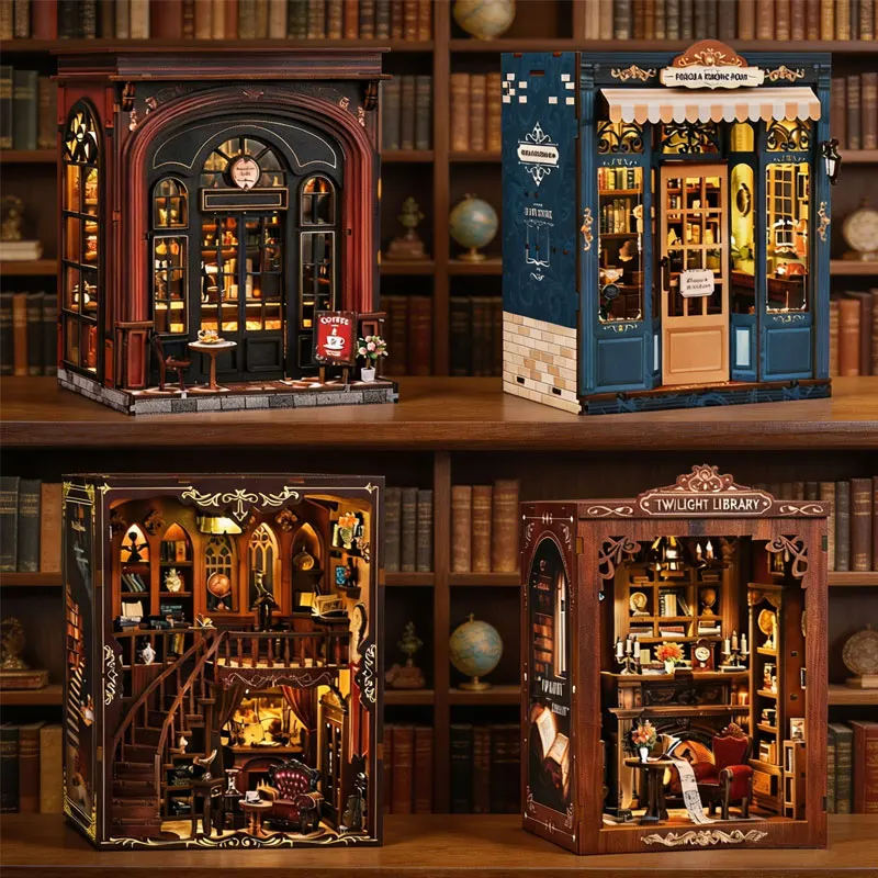 

DIY Book Nook Kit Miniature Dollhouse Bookend with LED Light 3D Wooden Puzzle Bookshelf Model Creative Desk Decor Gift for Teens