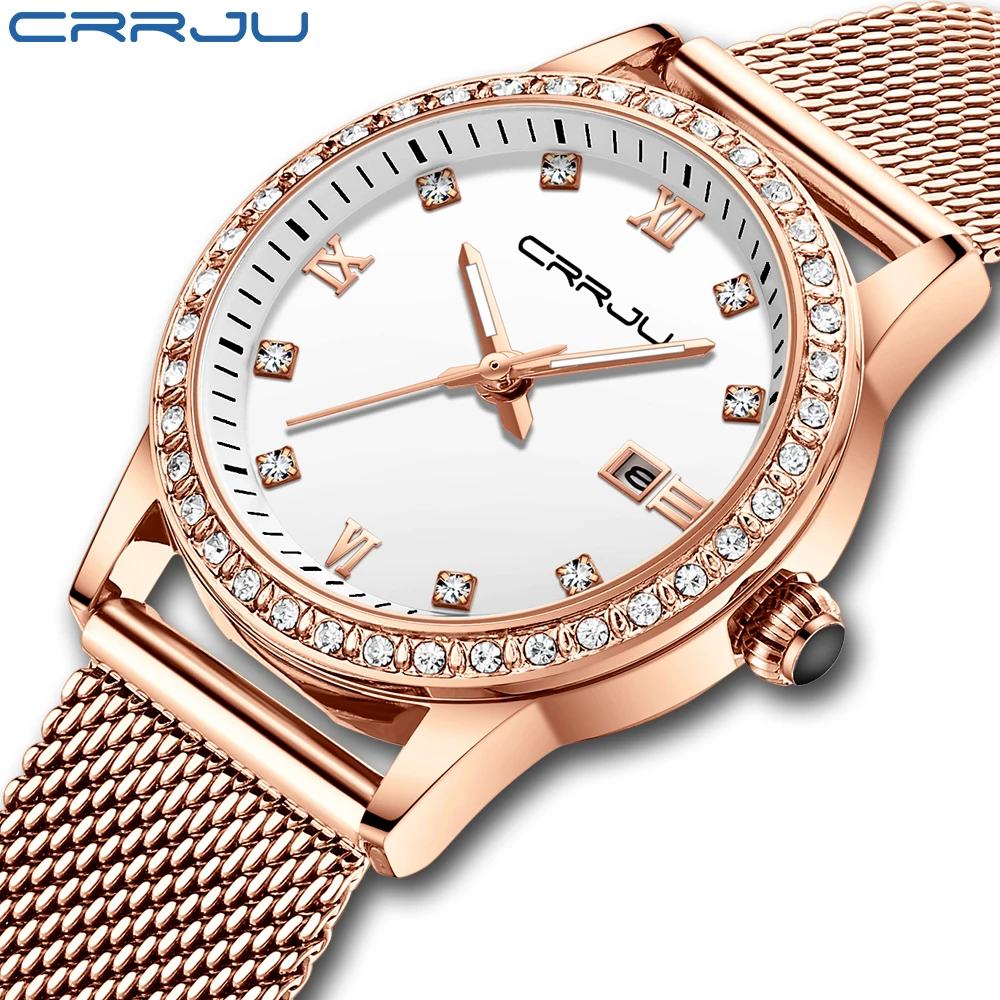 

CRRJU Women Watch Fashion Luxury Diamond Ladies Dress Simple Mesh Bracelet Waterproof Quartz Wristwatches Reloj Mujer