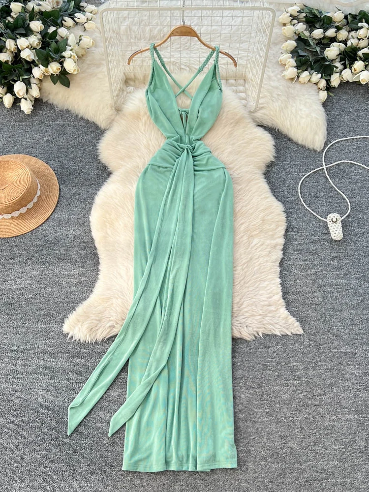 Sexy profundo v ne strapl bodycon saia longa feminina dr coreano sle cintura alta fibra de poliéster verão a linha dr