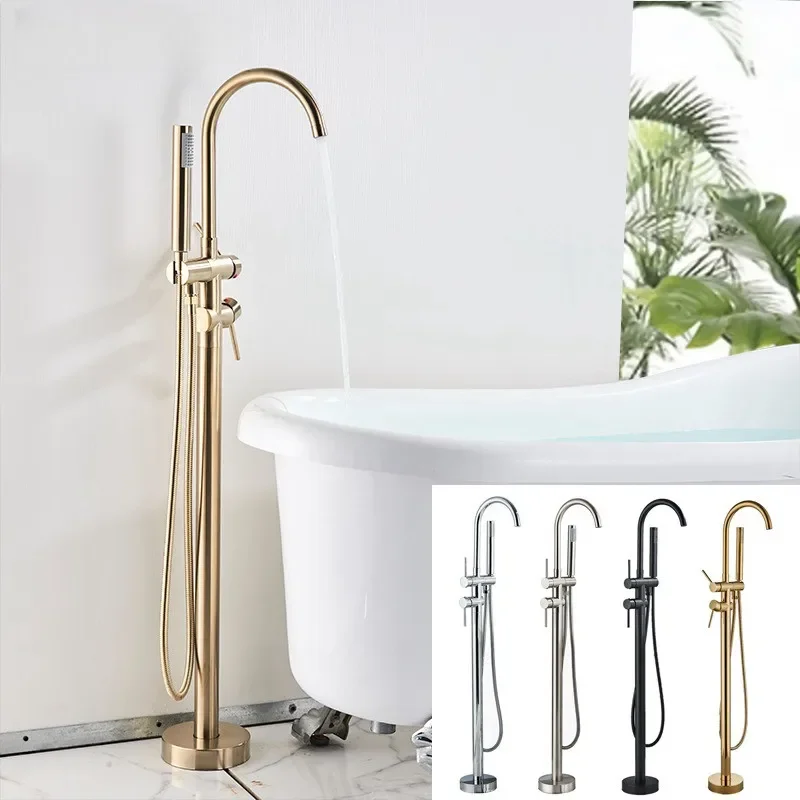 

Senlesen Brushed Gold Bathroom Shower Flooring Standing Faucet Floor Mount Bathtub Brass Dual Handle Tub Mixer Tap