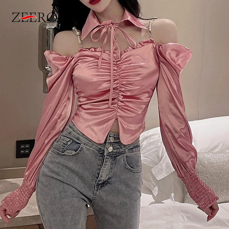 Spring Woman Detachable Collar Strapless Ruffle Bead Chain Lantern Sleeve Back Elastic Silk Split Fork Short Blouse Women Tops