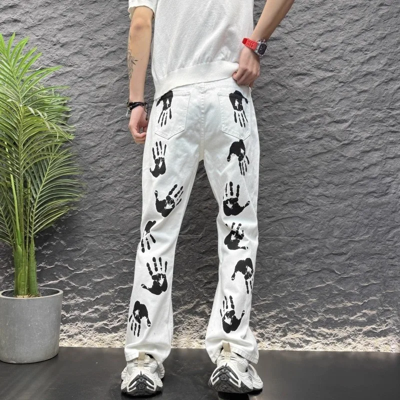 Y2K Techwear Spring New Mens Retro Hand Print Denim Trousers Fashion Hip Hop Vintage White Baggy Jeans For Man Pantalones Hombre view 4