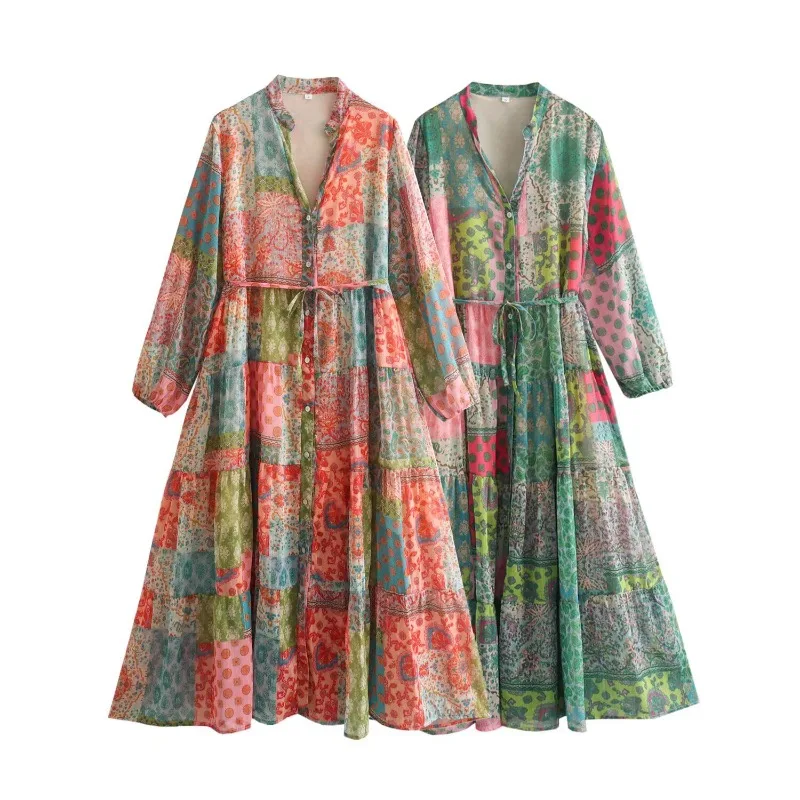 

Spring Long Sleeve Print A-line Shirt Midi Dress Loose Fit Street Trendy