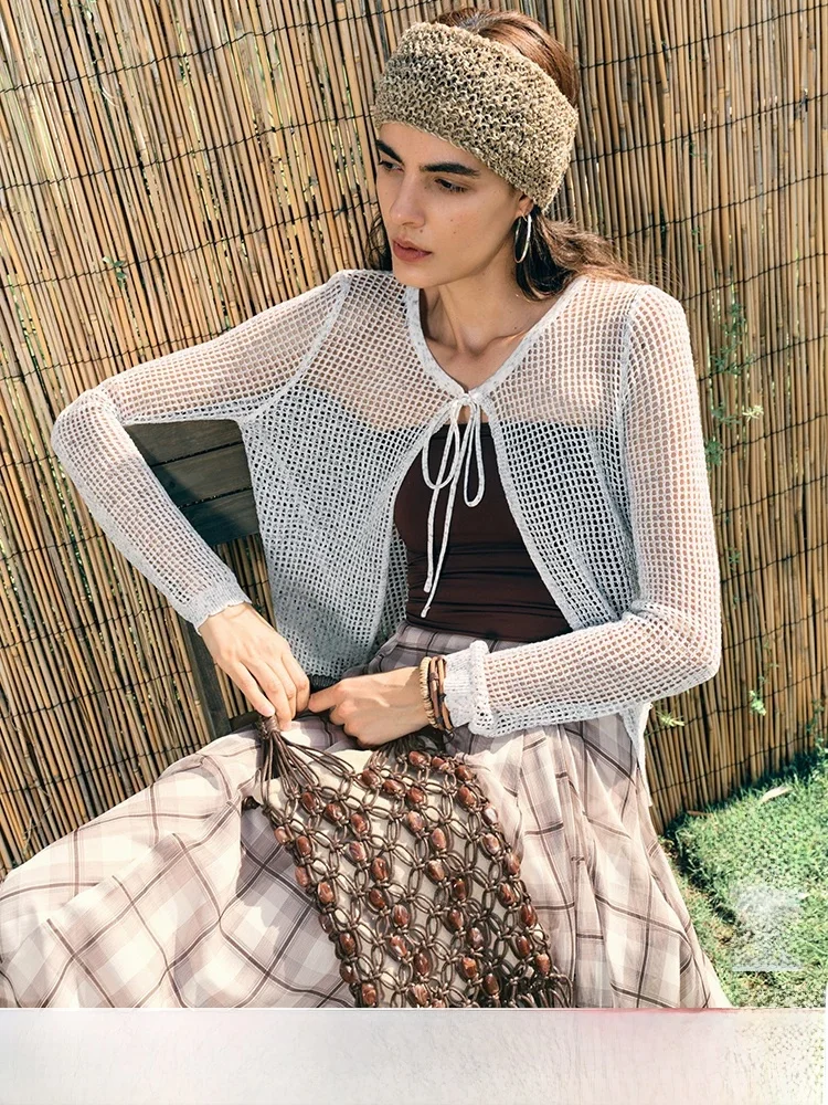 

Women's Knitted Hollow out Hook Flower Cardigan Light een Outerwear with Strap Simple Sle Regular Fit Long Sve round Ne
