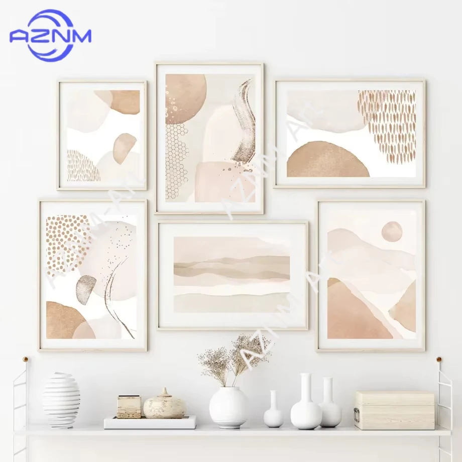 1/6 Stück Beige Abstrakte Geometrische Berge Flüsse Sonne Wüste Wandkunst Leinwanddruck Boho Poster Wandbilder Raumdekoration