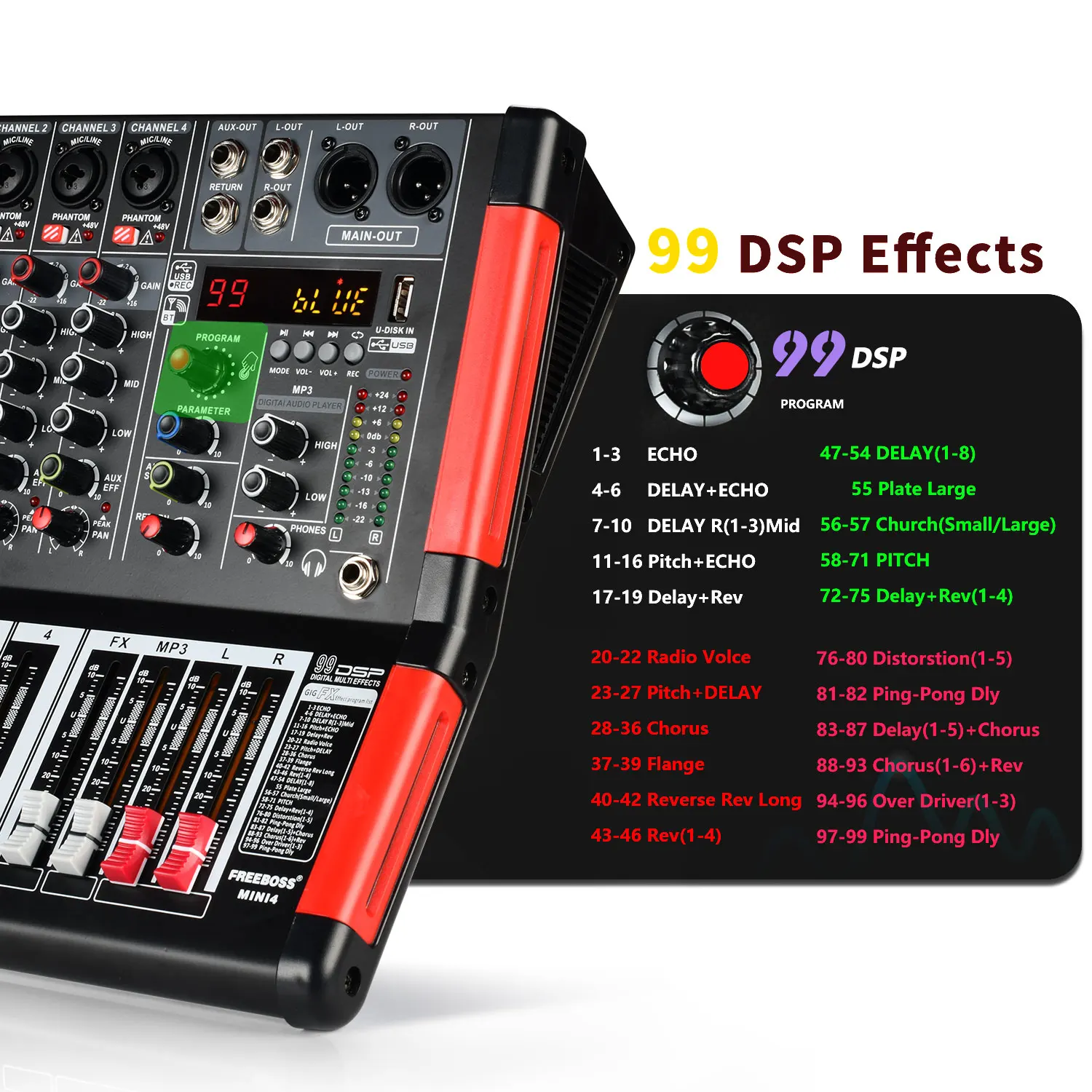 4-канальный звуковой микшер FREEBOSS, 99 цифровых эффектов, USB, Bluetooth, 48 В, микшерная консоль для церкви, Домашнего Караоке, DJ MINI4